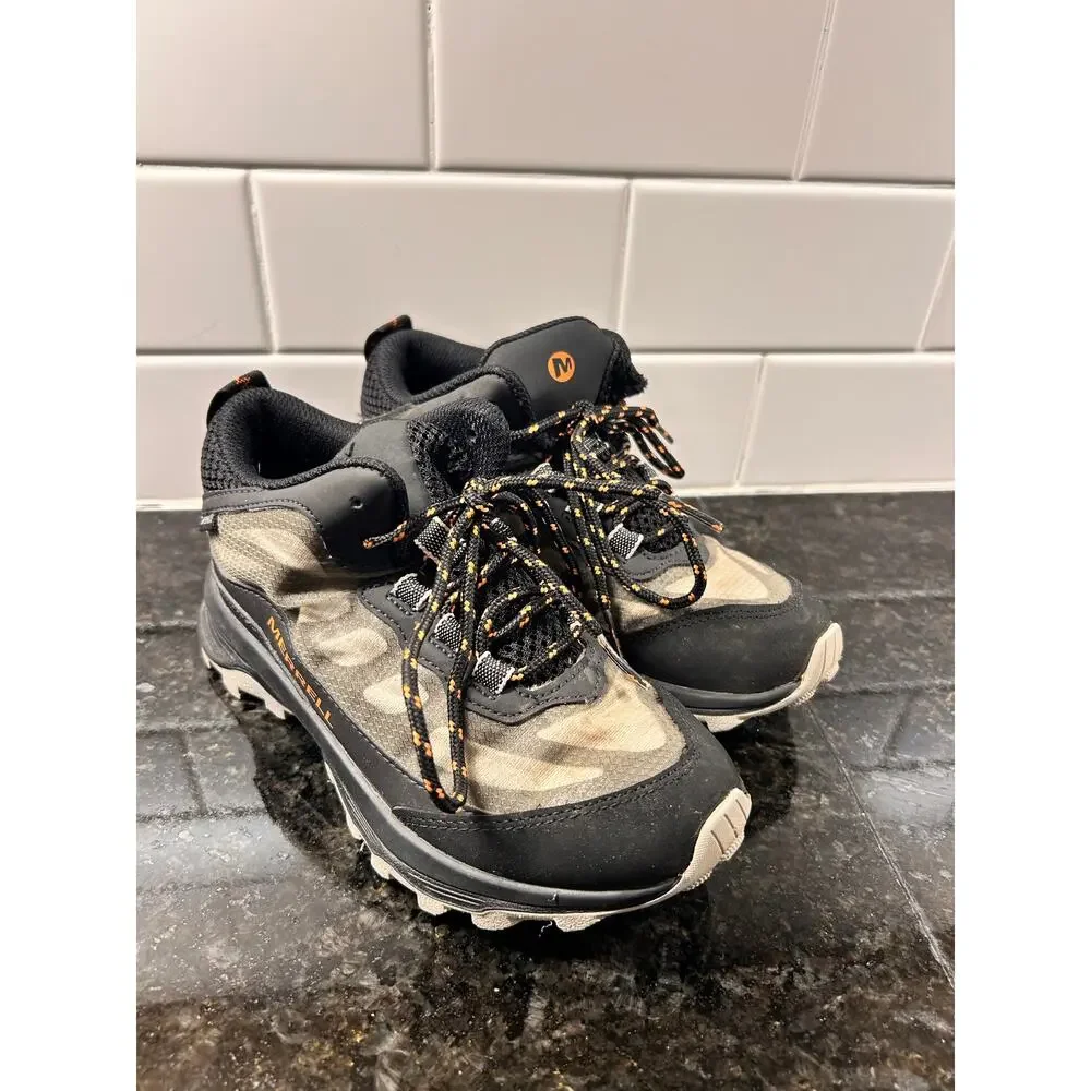 Merrell Kids Black and Gray Waterproof Hiking Boots with Orange Accents
